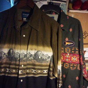 2 WRANGLER AZTEC VINTAGE LS WESTERN SHIRTS SZ XL BUFFALO AND RODEO